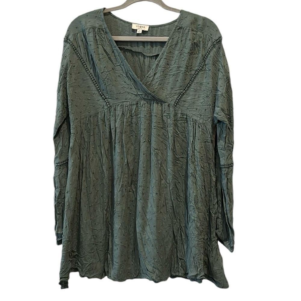 Umgee Swiss Dot Green Swing Boho Tunic Top Blouse Shirt Small
